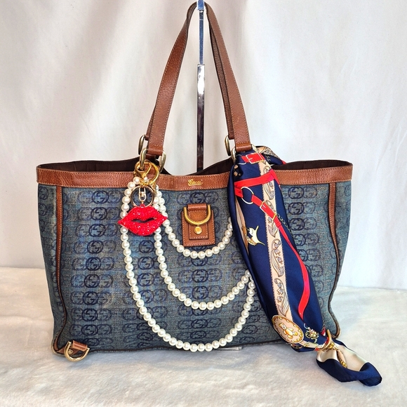 Gucci RARE Denim Abbey Blue and Brown Tote Bag - Picture 3 of 17